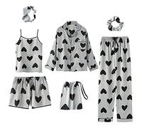Jamron Mujer 7PCS Saten Conjunto de Pijama Tops & Pantalones Cortos Primavera Verano Ropa de Dormir Corazón SN07655 L