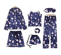 Jamron Mujer 7PCS Saten Conjunto de Pijama Tops & Pantalones Cortos Primavera Verano Ropa de Dormir Flor A SN07655 XL