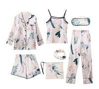 Jamron Mujer 7PCS Saten Conjunto de Pijama Tops & Pantalones Cortos Primavera Verano Ropa de Dormir Flor C SN07655 XL