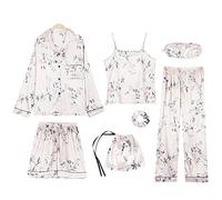 Jamron Mujer 7PCS Saten Conjunto de Pijama Tops & Pantalones Cortos Primavera Verano Ropa de Dormir Flor B SN07655 XL