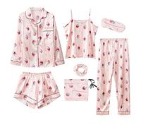 Jamron Mujer 7PCS Saten Conjunto de Pijama Tops & Pantalones Cortos Primavera Verano Ropa de Dormir Fresa SN07655 L