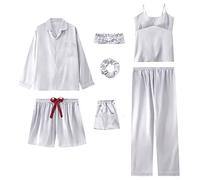 Jamron Mujer 7PCS Saten Conjunto de Pijama Tops & Pantalones Cortos Primavera Verano Ropa de Dormir Gris SN07655 M