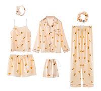 Jamron Mujer 7PCS Saten Conjunto de Pijama Tops & Pantalones Cortos Primavera Verano Ropa de Dormir Naranja SN07655 M