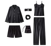 Jamron Mujer 7PCS Saten Conjunto de Pijama Tops & Pantalones Cortos Primavera Verano Ropa de Dormir Negro SN07655 XXL