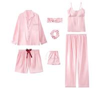 Jamron Mujer 7PCS Saten Conjunto de Pijama Tops & Pantalones Cortos Primavera Verano Ropa de Dormir Rosa SN07655 L