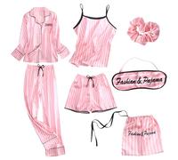 Jamron Mujer 7PCS Saten Conjunto de Pijama Tops & Pantalones Cortos Primavera Verano Ropa de Dormir Rosa Rayas SN07655 M