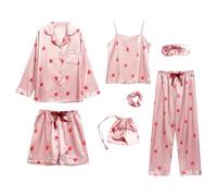 Jamron Mujer 7PCS Saten Conjunto de Pijama Tops & Pantalones Cortos Primavera Verano Ropa de Dormir Rosa Fresa SN07655 L