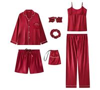 Jamron Mujer 7PCS Saten Conjunto de Pijama Tops & Pantalones Cortos Primavera Verano Ropa de Dormir Rojo SN07655 L