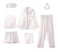 Jamron Mujer 7PCS Saten Conjunto de Pijama Tops & Pantalones Cortos Primavera Verano Ropa de Dormir Rojo Corazón SN07655 L