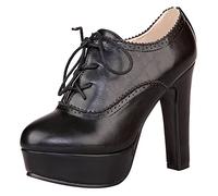 Jamron Mujer Elegante Plataforma Alta Tacón de Bloque Zapatos de la Corte Elegante Brogue Oxfords Tacones Altos Tamaño Grande Negro SN02833 EU35