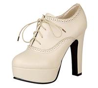 Jamron Mujer Elegante Plataforma Alta Tacón de Bloque Zapatos de la Corte Elegante Brogue Oxfords Tacones Altos Tamaño Grande Beige SN02833 EU38