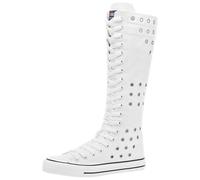 Jamron Mujer Moda Lona Botas de Baile Rodilla Alta Botas de Ciclismo Chicas Lujosa Zapatos Escolares Blanco Ojales SN912AB EU35
