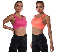 Jamron Mujer Talla Extra 2 Piezas Sujetador Deportivo de Alto Impacto Cremallera Frontal Sujetador Sin Aros con Almohadillas Removibles para Correr Yoga Fitness Fucsia + Naranja XXL