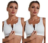 Jamron Mujer Talla Extra 2 Piezas Sujetador Deportivo de Alto Impacto Cremallera Frontal Sujetador Sin Aros con Almohadillas Removibles para Correr Yoga Fitness Blanco + Blanco XXL