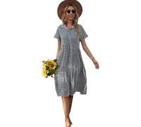 Jamron Mujer Vestido Camisero de Cuadros Vichy Vestido Midi de Manga Corta con Botones y Volantes Verano Vestido Informal en Línea A Negro L