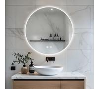 JAMUBOCHE Espejo de baño LED redondo 80 cm, espejo eléctrico retroiluminado para afeitarse en la ducha, iluminación regulable de 3 colores, montaje en pared sin niebla