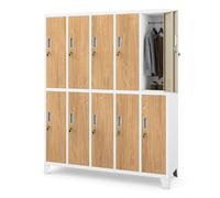 Jan Nowak Taquilla Vestuario metálica 10 Puertas con Cerradura, taquilla Laboral para Ropa de Trabajo con Barra y ventilación 136 x 172 x 45 cm Blanco Roble Dorado