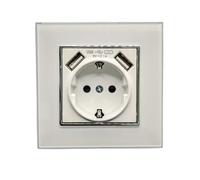 Jandei - Enchufe Schuko 2P+T 16A con 2 USB 5V 2.1A, Decoración Elegante Pared Interior, Fácil de Instalar, Incluye Marco y Mecanismo, Cristal Templado Color Blanco