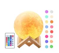 Jandei - Lámpara Luna 3D LED, 16 Colores RGB, Control Táctil y Remoto, Regulable, Luz Nocturna 15 cm con Soporte de Madera y Cargador USB Incluidos. Para Regalos, Dormitorio de niños, Hogar, Navidad