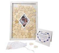 Jandiklee Libro de visitas alternativa al relleno, marco de madera de 42 x 30 cm, con 80 corazones de madera para escribir, marco de fotos de diamantes, para bodas, cumpleaños y bautizos