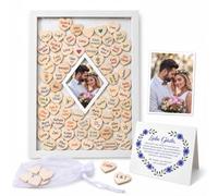 Jandiklee Libro de visitas de boda de madera y diamantes, alternativa con 80 corazones de madera para escribir, marco de fotos de 42 x 30 cm, foto de 13 x 18 cm, libro de visitas para bautizos