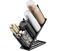 JANE EYRE Portavasos y portavasos ajustable - Organizador portavasos café con dispensador para desechable de 4 compartimentos cesta porta pajitas monodosis para estación de café bar de metal, negro