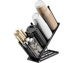 JANE EYRE Portavasos y portavasos ajustable - Organizador portavasos café con dispensador para desechable de 4 compartimentos cesta porta pajitas monodosis para estación de café bar de metal, negro