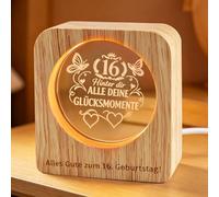 JaneYi 16 cumpleaños niña cristal luz nocturna con grabado 16 números luz LED cálida luz nocturna USB base de madera regalo de cumpleaños decoración cristal para dormitorio escritorio hogar