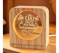 JaneYi 18 cumpleaños niña cristal luz nocturna con grabado 18 números luz LED cálida luz nocturna USB base de madera regalo de cumpleaños decoración cristal para dormitorio escritorio hogar