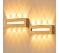 JaneYi 2 piezas Aplique de Pared LED Interior 12W 3000K Luz Arriba y Abajo | JaneYi Blanco Cálido Lámpara de Pared de Madera con Núcleo ABS Estilo Escandinavo para Pasillo Dormitorio Salón Escalera