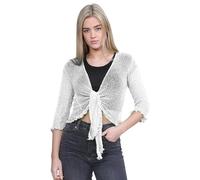 janisramone® Bolero tipo bolero de punto fino doble para mujer, ligero y elástico, cárdigan corto de verano para mujer, blanco, Talla única