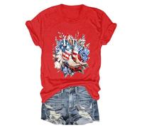 Janly Womens Summer Tshirts with Sleeves Women's Independence Day Happy 4th of July Wine Glasses USA Flag Print Casual Crew Neck T Shirts D160