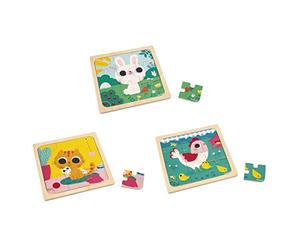 Janod - 3 Puzles de Madera de 9 Piezas - Gallina, Gato y Conejo - Juguete Infantil - Juego Educativo Primera Infancia - A Partir de 18 Meses, J07113