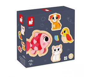 Janod - 4 Puzles de Madera de 2 a 5 Piezas - Puzles Animales de Compañía - Juguetes Infantiles - Juegos Educativos - Juguetes Primera Infancia - A Partir de 18 Meses, J07115