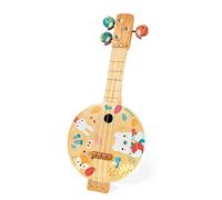 Janod - Banjo de madera pura - Impreso con bellas ilustraciones - Clavijas de afinación en forma de pajaros - Juguete de imitación - 3 cuerdas de repuesto - Banjo para niños de 3 a 8 años, J05160