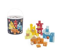 Janod - Barril de Madera de 56 Piezas con Diferentes Formas, Motivos, números y Colores - Mi Primer Juego de construcción - Caja de Formas integrada - Imitación - Destreza y Creatividad - 1 año +