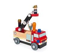 Janod - Camión de bomberos de madera Brico'kids, certificado FSC - Juego de construcción - Con 2 bomberos - 45 piezas, fácil de armar - Juguete de madera para niños de 3 a 8 años, J06469