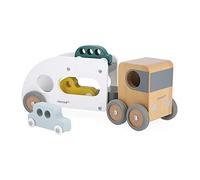 Janod - Camión Portavehículos de Madera Bolid - Remolque Desmontable - 3 Coches - Imaginación y Motricidad - Certificado FSC - Pintura al Agua - A partir de 2 Años, J04637