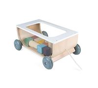 Janod - Carrito de Cubos de Madera - Colección Sweet Cocoon - Juguete de Estímulo para Bebés Pintado al Agua - Juguete de Arrastre - Aprender a Andar - A Partir de 18 Meses, J04407