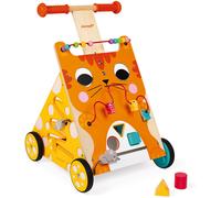 Janod - Carrito Multiactividades Gato de Madera - Andador Evolutivo con Freno y Mango Ajustable - Aprendizaje de Caminar - Desde 1 año, J08005, Multicolor