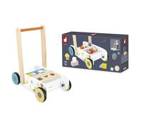 Janod - Carrito para bebés y niños de Madera A Partir de 12 Meses - 18 Piezas de Madera Incluidas + Caja con Forma - Ruedas silenciosas + Sistema de Freno - A Partir de 1 año