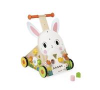 Janod - Carro multiactividad para Granjas - Carro de Madera para Empujar - 9 Actividades - Sistema de Frenado Patentado y Ruedas Silenciosas - Juguete Evolutivo para Niños - A Partir de 12 Meses