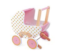 Janod - Cochecito de madera Candy Chic - Con almohada y manta - Ruedas de goma silenciosas - Sistema antivuelco desmontable - Accesorios para bebés - A partir de 18 meses, J05886