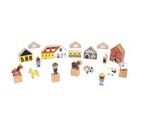 Janod, Cross Roads Campo, Set de 34 Bloques de Madera Maciza, Desde 2 Años | Juego de Construcción e Historias, 20 Bloques, 4 Elementos Decorativos y 10 Personajes y Animales, Caja de Almacenaje