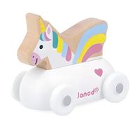 Janod Cross Roads - Coche de unicornio - Juguete de aprendizaje temprano - Desarrolla habilidades motoras - 12 meses +, juguete de madera FSC, multicolor,