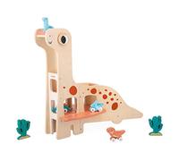 Janod- Dino Garage Garaje Infantil Diplodocus-4 Dinosaurios y 2 Cactus-Motricidad Fina-Juguete de Madera FSC-A Partir de 24 Meses, J05835, Multicolor (JURATOYS