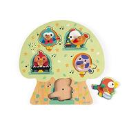 Janod - from 18 Months - Musical Wooden Puzzle Birds in Party - 5 Pieces - First Age Puzzle - Develop Motor Skills - J07092