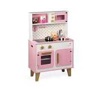 Janod - Gran Cocina Infantil de Madera Candy Chic - Equipada con Nevera y Microondas, Sonido y Luz - Imitación y Desarrollo - 6 Accesorios Incluidos - Desde 3 años, J06554, Rosa y Blanco