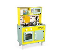 Janod - Gran Cocina Infantil de Madera Happy Day - Equipada con Nevera y Microondas, Sonido y Luz - Imitación y Desarrollo - 7 Accesorios Incluidos - Desde 3 años, J06564, Azul y Amarillo