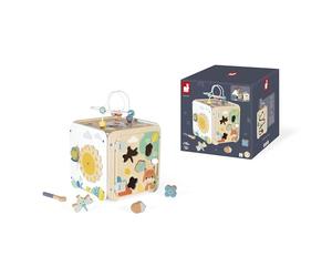 Janod - Gran Cubo multiactividades de Madera - 8 Actividades para niños y bebés - Juguete de estimulación - Desarrollo de la motricidad Fina - Juguete de Madera - A Partir de 18 Meses